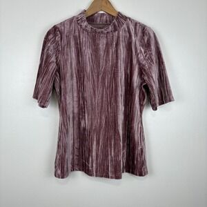 Pilcro Anthropologie Womens Crushed Velvet Mock Neck Top Sz L Mauve Short Sleeve